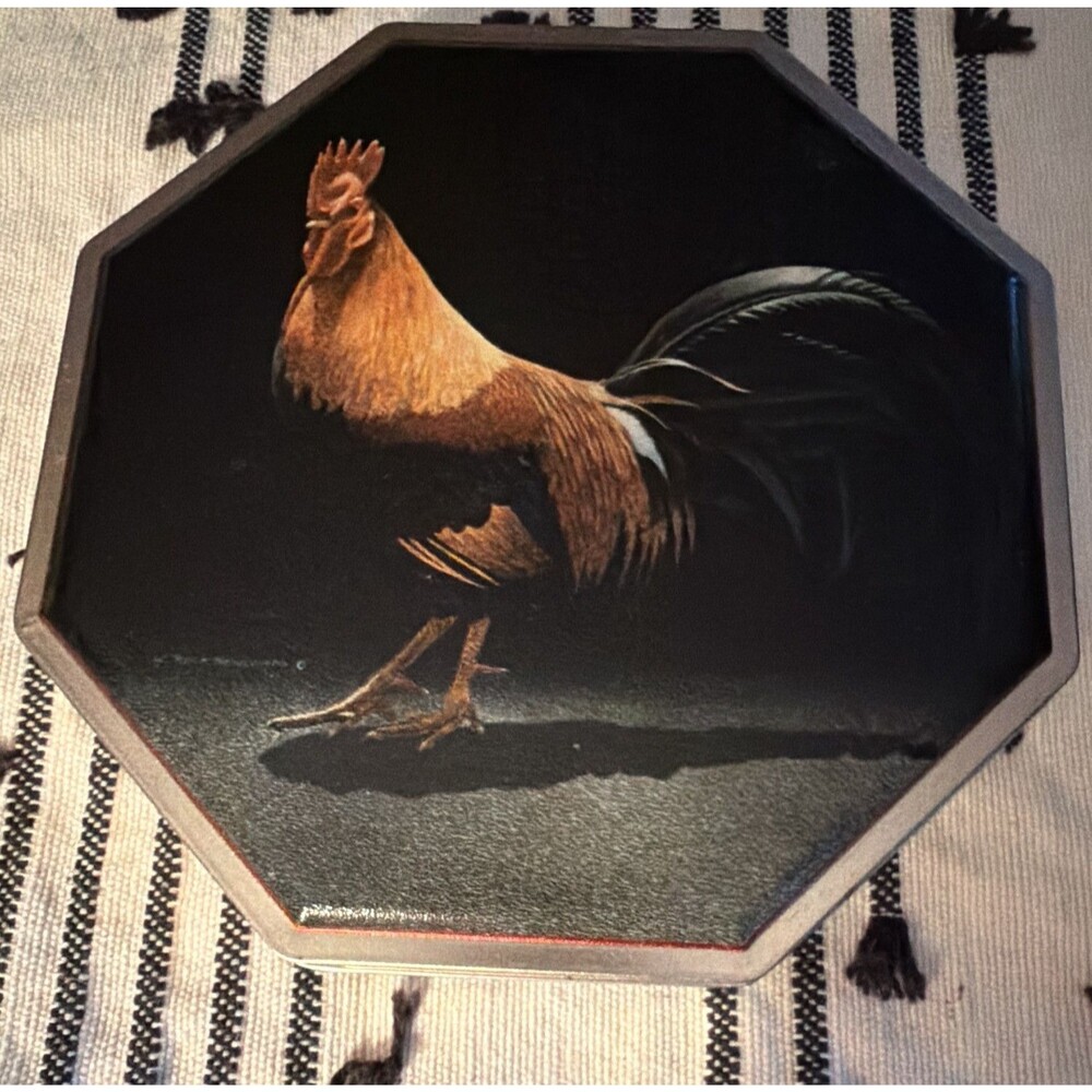 2001 Small Octagon Metal Tin Trinket Box Rooster Black Silver w/ Lift-Off Lid